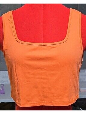 Women's Orange Solid Square Neck Wide Strap Stretch Cropped Knit Tank Top L